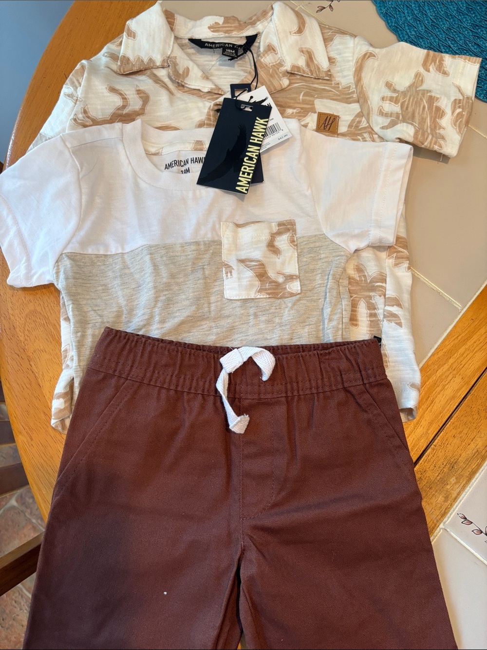 American Hawk Neutral Tone Tee & Shirt Set with Brown Shorts